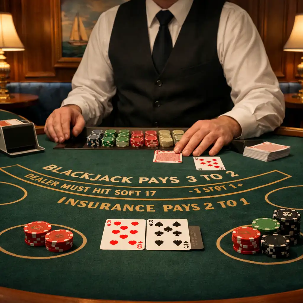 Stół do blackjacka z kartami, żetonami i oznaczeniami pola gry na statku