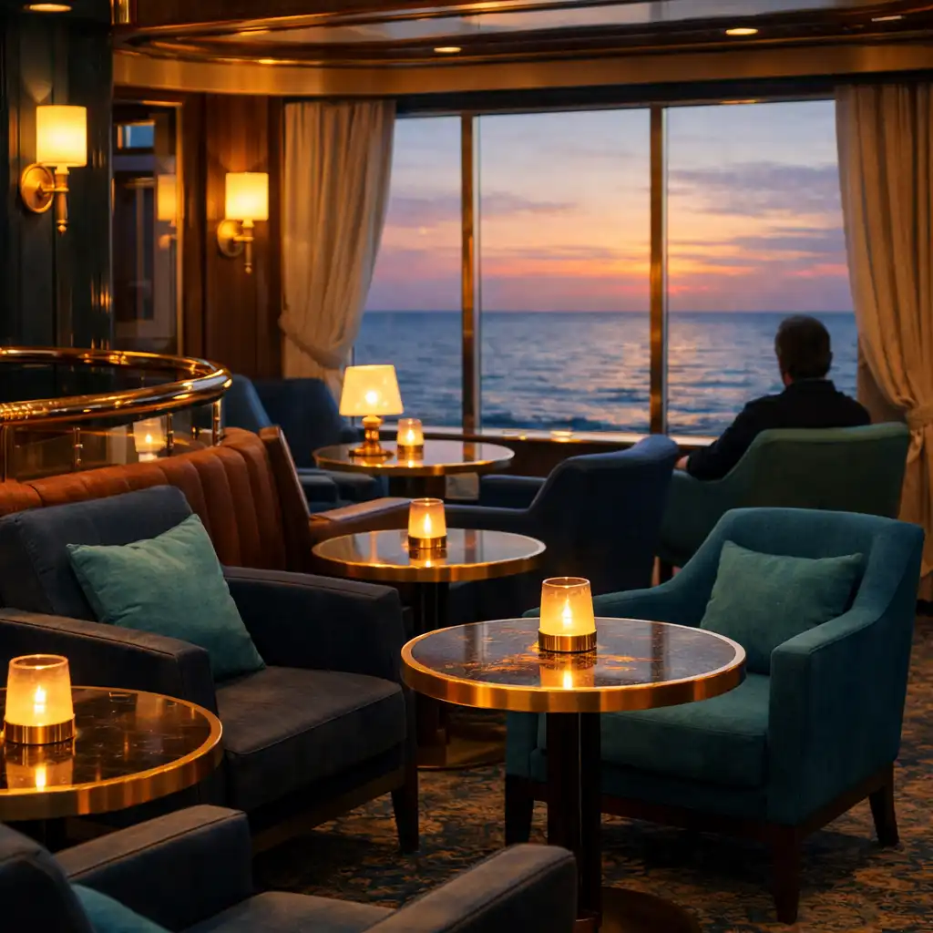 Kameralny casino lounge z fotelami, stolikami i widokiem na morze o zmierzchu