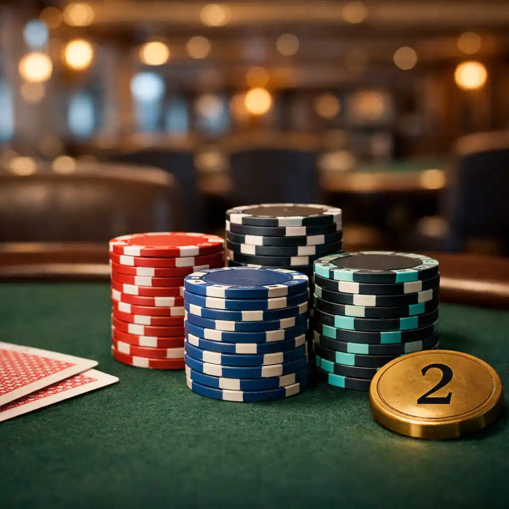 Zbliżenie na kolorowe żetony i rogi kart na filcowym stole pokerowym