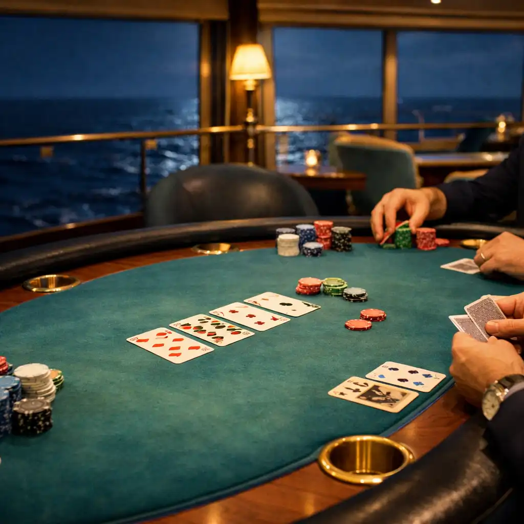 Fizyczny stół pokerowy na statku wycieczkowym z kartami, żetonami i dłońmi gości