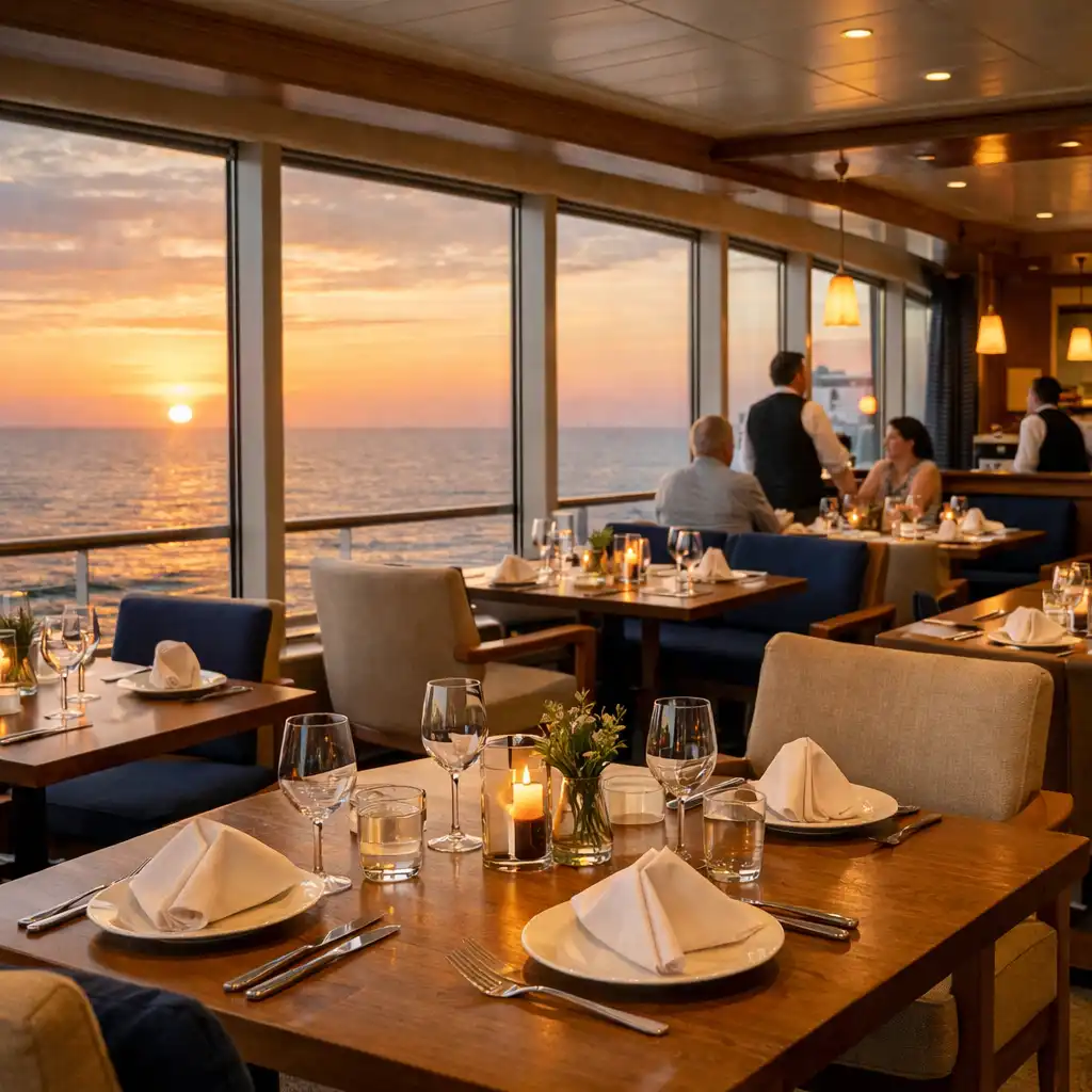 Wnętrze restauracji na statku wycieczkowym z nakrytymi stołami i panoramicznym widokiem na morze o zachodzie słońca.