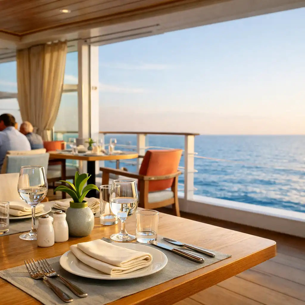 Restauracja na statku z nakrytym stołem i widokiem na morze