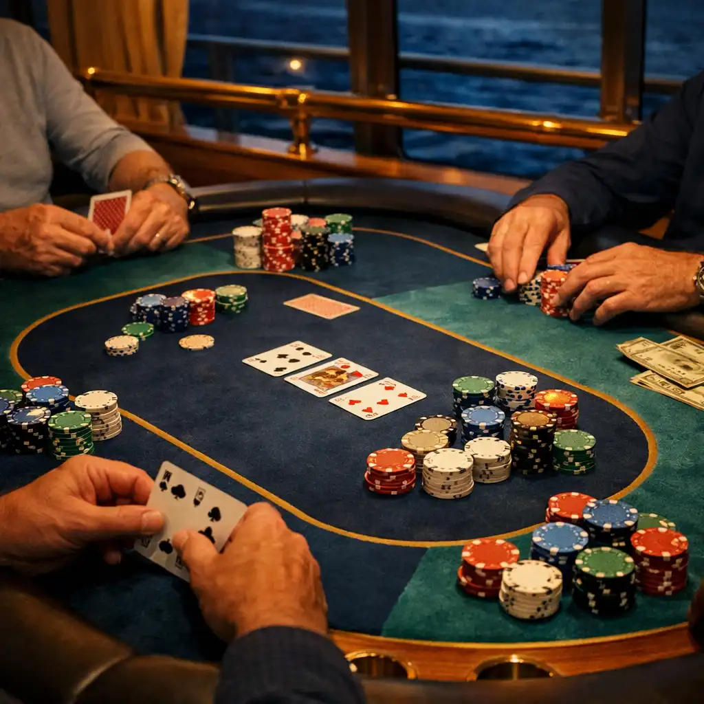 Stół pokerowy na statku z kartami i żetonami widziany z lekkiej perspektywy